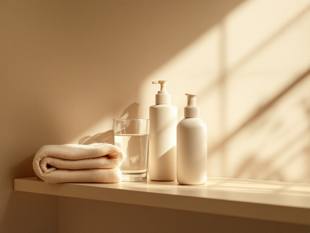 A quiet bathroom shelf with unlabeled sunscreen and cleanser bottles, a folded cotton cloth, and a glass of water in warm morning light