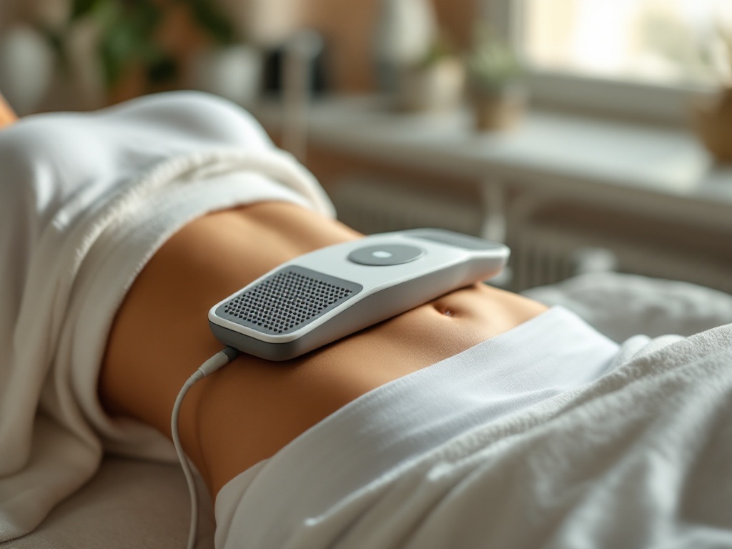 An electromagnetic muscle-stimulation paddle resting on a midsection during a toning treatment