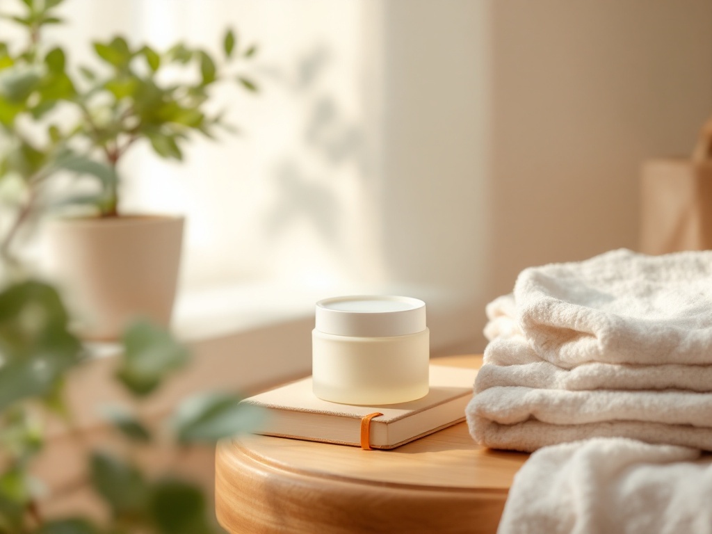 A frosted jar of sunscreen resting on a closed notebook beside folded towels in soft morning light