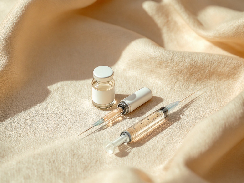 Two unlabeled glass vials and two fine syringes arranged side by side on warm linen