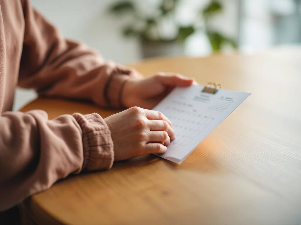 A patient and clinician reviewing a printed treatment schedule and small calendar on a warm wooden table