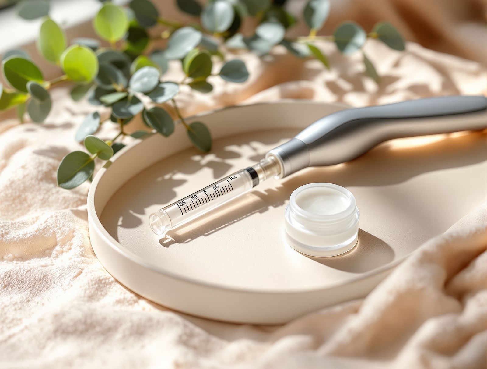 A neat flat lay of unlabeled facial aesthetic tools, a syringe, a laser handpiece, and a small jar, on warm linen in soft natural light
