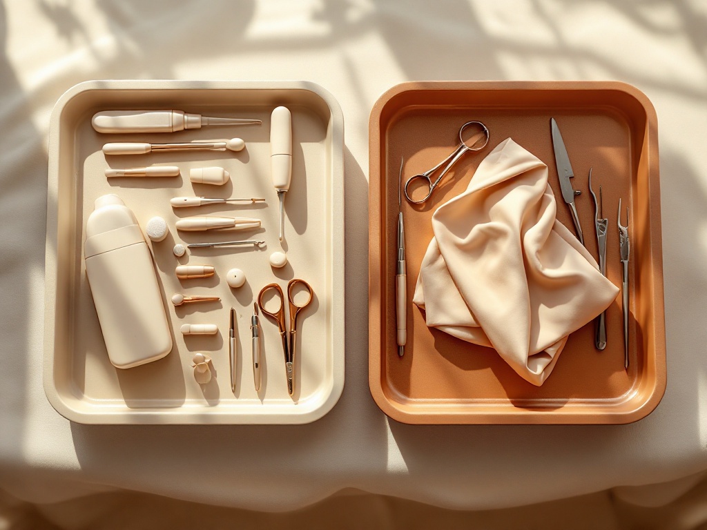 Two clean trays side by side comparing non-invasive applicators and draped surgical instruments