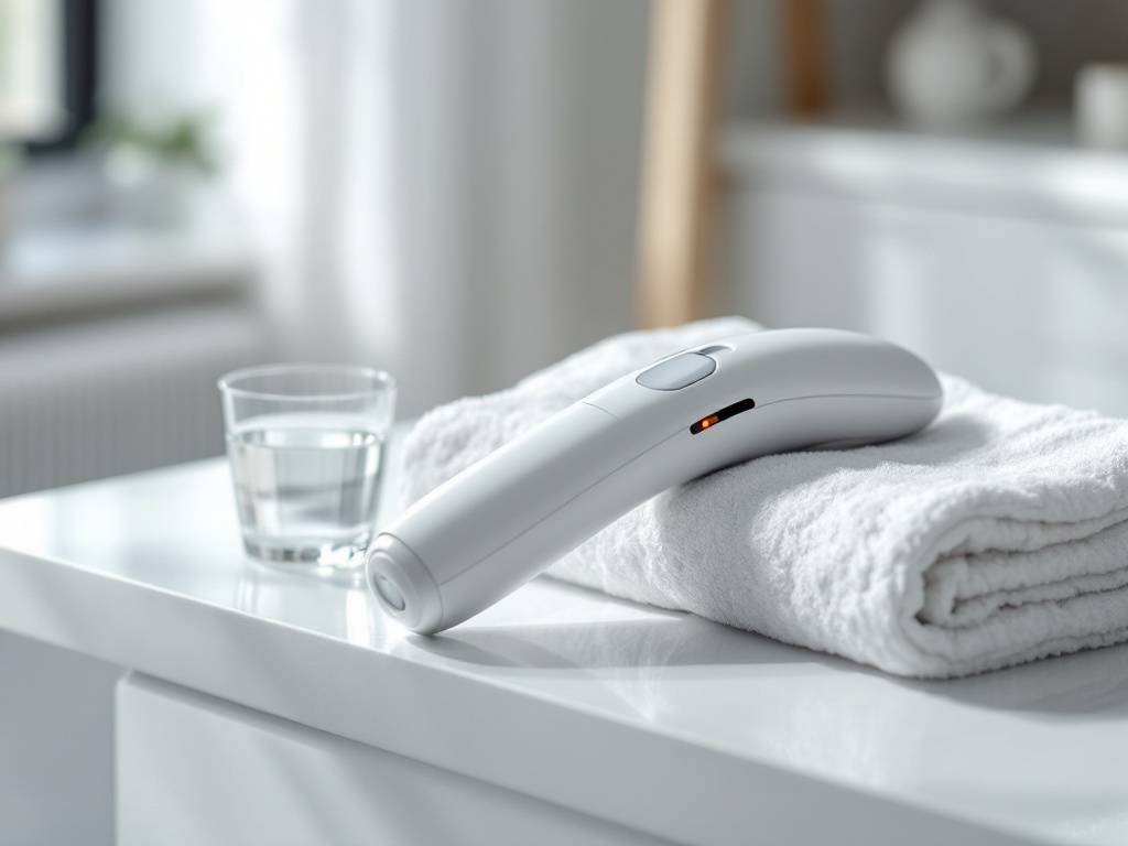 White body-contouring handpiece resting on a folded towel in a serene treatment room