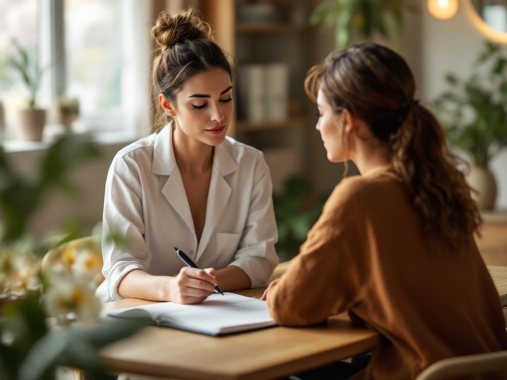A calm consultation with a patient holding an open notebook and pen across a table from an aesthetic provider