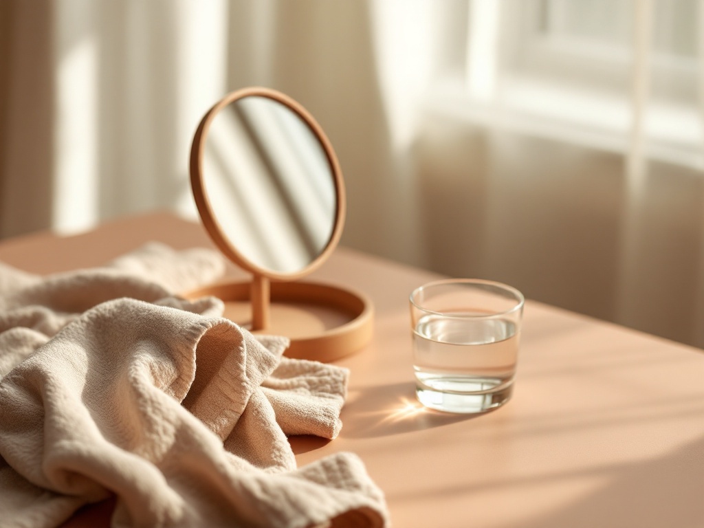 A quiet still life of a hand mirror, a glass of water, and a folded towel on a warm clay surface