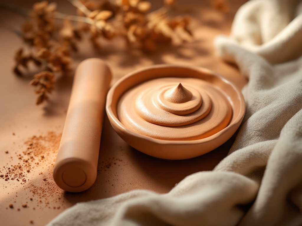 A warm still life of a soft massage tool, linen cloth, and textured clay